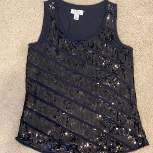 Loft medium petites navy tank blouse with black sequins. Great condition.